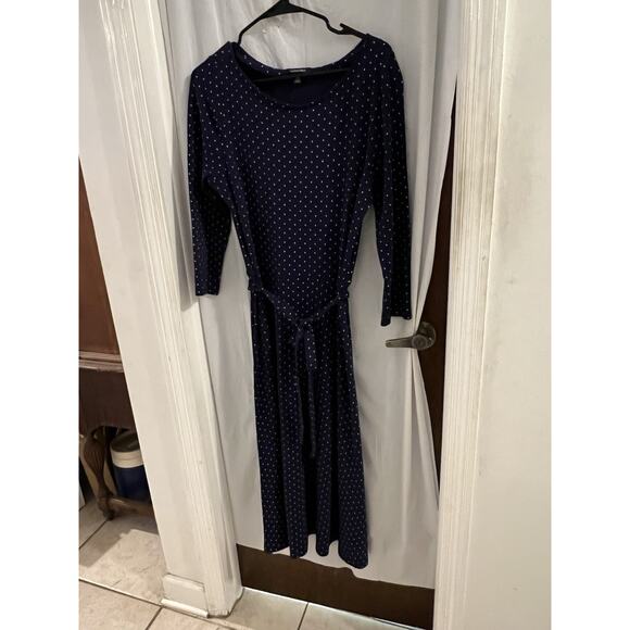 Lands End Navy White Polka Dot Belted Midi Sheath Dress Sz M 10/12 - Picture 1 of 5